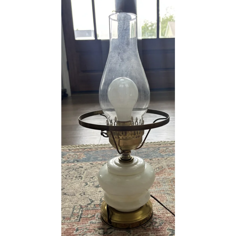Vintage Hurricane 3 way lamp White, Soft Blue Flowers w/brown & green accents